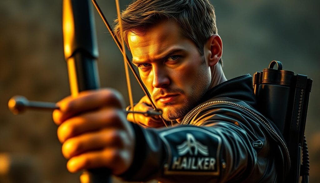 A close-up shot of the iconic Hawkeye character from the Marvel Cinematic Universe (UCM), portrayed by Jeremy Renner. He stands in a heroic stance, bow drawn, with intense focus in his eyes as he surveys the battlefield. Intricate details of his leather and kevlar costume are visible, complemented by warm, dramatic lighting that casts deep shadows, creating a moody, cinematic atmosphere. The background is blurred, hinting at the high-stakes action unfolding around him. The image conveys Hawkeye's unwavering determination, skill, and pivotal role within the UCM.