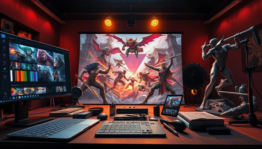 A collection of AI-powered art tools for creating stunning League of Legends fan art. In the foreground, a sleek and intuitive digital art suite with advanced brushes, layers, and color palettes. In the middle ground, a text-to-image model generating vivid scenes of beloved League champions. In the background, a 3D modeling program sculpting dynamic character poses and environments. Warm studio lighting casts a creative glow, while a high-resolution camera captures every intricate detail. The overall atmosphere is one of inspiration, empowering artists to bring their League visions to life with cutting-edge AI technology.