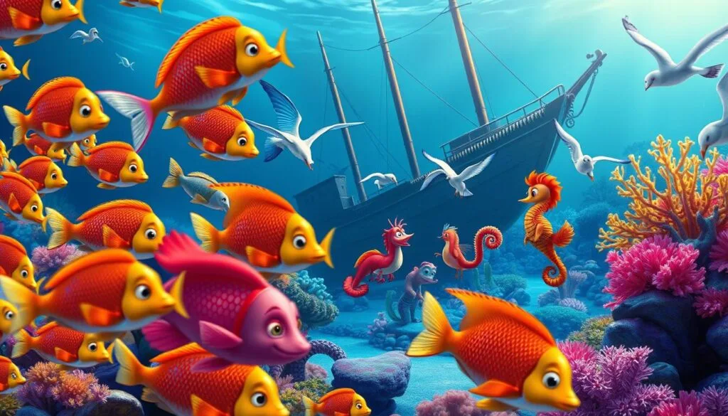 A colorful underwater scene, filled with the whimsical and captivating secondary characters from the classic Disney film, "The Little Mermaid". In the foreground, a school of vibrant tropical fish swim gracefully, their scales shimmering in the warm, diffused lighting. In the middle ground, a group of playful sea creatures - a crab, a seahorse, and a seagull - interact with each other, capturing the mischievous spirit of the film. In the background, the iconic sunken ship and a vibrant coral reef create a lush, enchanting backdrop, hinting at the wondrous and imaginative world of Ariel and her friends. The overall scene exudes a sense of whimsy, wonder, and the timeless charm of the beloved Disney classic.