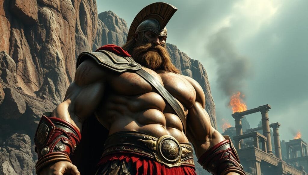 A colossal, battle-scarred figure stands resolute, adorned in the iconic armor and regalia of the God of War. Chiseled muscles ripple beneath crimson and gold accents, a testament to the warrior's strength and ferocity. Fierce determination burns in the deity's eyes, commanding the reverence of all who gaze upon this awe-inspiring presence. The rugged, weathered landscape serves as a fitting backdrop, its craggy cliffs and smoldering ruins evoking the brutality of endless conflict. Dramatic lighting casts dramatic shadows, heightening the sense of power and majesty emanating from this divine guardian. Capture the essence of the God of War, a being both revered and feared, in a captivating, photorealistic image.