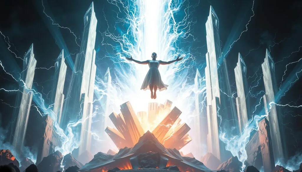 A colossal psychic energy field erupts, surging with electric currents and ethereal power. At the center, a figure levitates, limbs outstretched, eyes glowing with immense psychic might. Towering monoliths of shimmering, semi-transparent energy crackle and swirl, casting an otherworldly glow across the scene. Beams of psionic force lance outward, warping the very fabric of reality. The atmosphere thrums with tension, the air thick with palpable psychic pressure. This is a display of unimaginable psychic prowess, a spectacle of raw, unbridled power that defies comprehension. A colossal psychic energy field erupts, surging with electric currents and ethereal power. At the center, a figure levitates, limbs outstretched, eyes glowing with immense psychic might. Towering monoliths of shimmering, semi-transparent energy crackle and swirl, casting an otherworldly glow across the scene. Beams of psionic force lance outward, warping the very fabric of reality. The atmosphere thrums with tension, the air thick with palpable psychic pressure. This is a display of unimaginable psychic prowess, a spectacle of raw, unbridled power that defies comprehension.