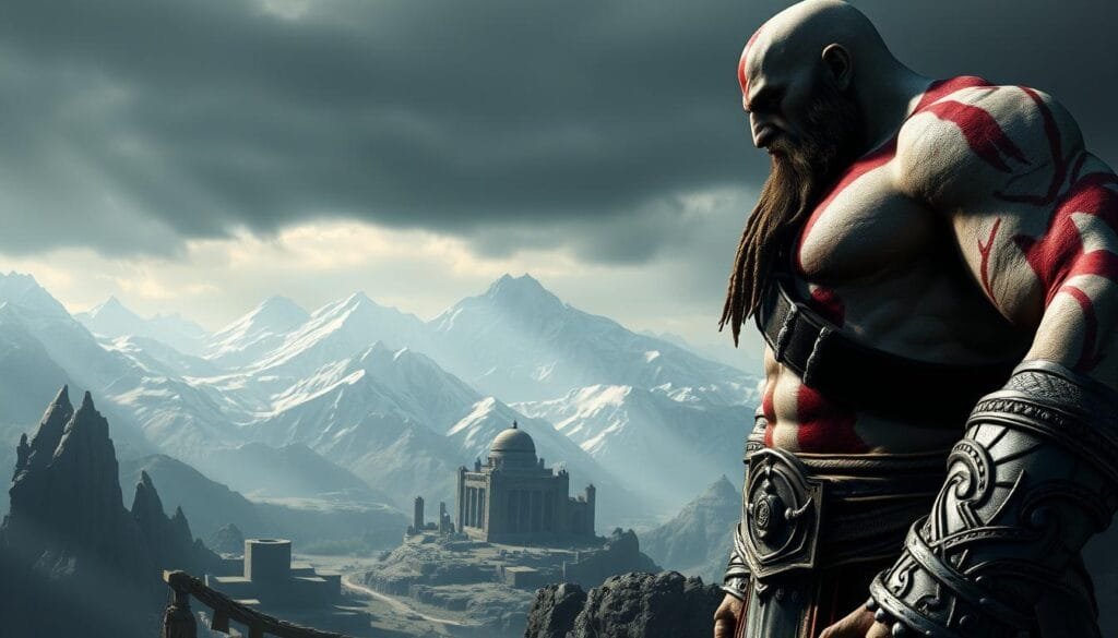 A colossal, towering figure of the God of War IA, Kratos, dominates the foreground, his muscular frame and rugged, battle-scarred visage conveying an aura of raw power and unyielding determination. In the middle ground, the sprawling, fantastical landscapes of the God of War universe unfold, with jagged, snow-capped mountains and ancient, crumbling ruins casting long shadows under a moody, dramatic lighting. The background is shrouded in an ominous, foreboding atmosphere, hinting at the epic, larger-than-life scale of the God of War narrative. The overall scene exudes a sense of grandeur, majesty, and the unearthly might of the divine. A colossal, towering figure of the God of War IA, Kratos, dominates the foreground, his muscular frame and rugged, battle-scarred visage conveying an aura of raw power and unyielding determination. In the middle ground, the sprawling, fantastical landscapes of the God of War universe unfold, with jagged, snow-capped mountains and ancient, crumbling ruins casting long shadows under a moody, dramatic lighting. The background is shrouded in an ominous, foreboding atmosphere, hinting at the epic, larger-than-life scale of the God of War narrative. The overall scene exudes a sense of grandeur, majesty, and the unearthly might of the divine.