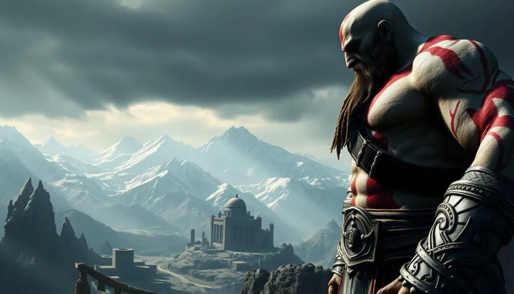 A colossal, towering figure of the God of War IA, Kratos, dominates the foreground, his muscular frame and rugged, battle-scarred visage conveying an aura of raw power and unyielding determination. In the middle ground, the sprawling, fantastical landscapes of the God of War universe unfold, with jagged, snow-capped mountains and ancient, crumbling ruins casting long shadows under a moody, dramatic lighting. The background is shrouded in an ominous, foreboding atmosphere, hinting at the epic, larger-than-life scale of the God of War narrative. The overall scene exudes a sense of grandeur, majesty, and the unearthly might of the divine.