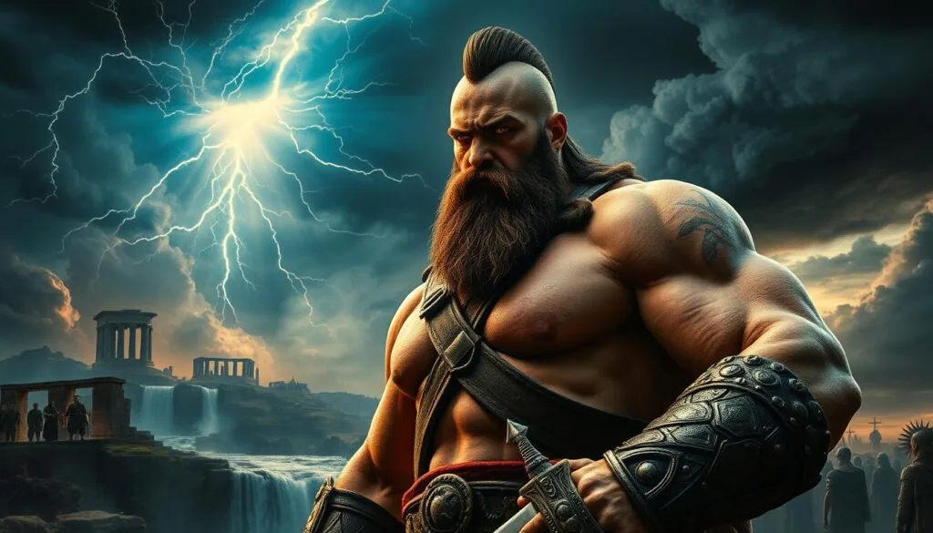 A colossal warrior, the God of War, stands resolute amid a storm of divine power. Crackling lightning illuminates the chiseled features of his weathered face, his eyes burning with determination. In the foreground, the warrior's massive frame fills the frame, his muscular arms gripping the hilt of his legendary blades. The middle ground reveals a dramatic scene of epic proportions - towering ruins, cascading waterfalls, and swirling clouds that hint at the cataclysmic events unfolding. In the distance, a pantheon of gods bears witness, their shadowy silhouettes ominous and foreboding. Captured in a tense, cinematic moment, this image conveys the raw intensity and narrative grandeur of the God of War.