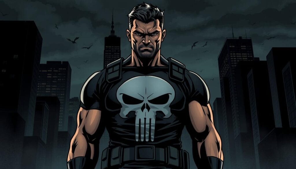 A comic book-style depiction of the Punisher, rendered in a classic, gritty aesthetic. The protagonist stands in the foreground, his muscular frame clad in a black tactical outfit emblazoned with the iconic Punisher skull emblem. Harsh shadows and moody lighting create a sense of intensity, while the background features a dimly lit urban cityscape, complete with towering skyscrapers and a somber, overcast sky. The composition emphasizes the Punisher's brooding presence and unwavering determination, capturing the character's relentless pursuit of justice through a striking, illustrative style.