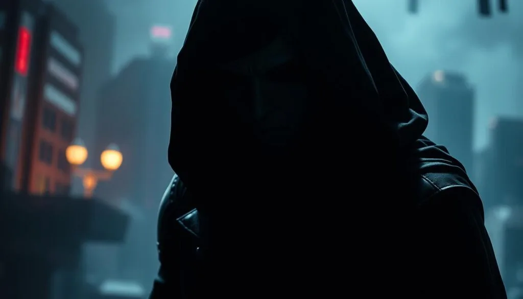 A complex villain stands in a dimly lit, shadowy environment, their features obscured by an ominous hood. Intricate details in their costume and accessories suggest a character with depth and nuance. Dramatic lighting casts dramatic shadows, creating an air of mystery and unease. In the background, a blurred, dystopian cityscape sets the stage for this morally ambiguous figure. The overall mood is one of psychological tension and moral ambiguity, inviting the viewer to ponder the villain's motivations and internal conflicts. A complex villain stands in a dimly lit, shadowy environment, their features obscured by an ominous hood. Intricate details in their costume and accessories suggest a character with depth and nuance. Dramatic lighting casts dramatic shadows, creating an air of mystery and unease. In the background, a blurred, dystopian cityscape sets the stage for this morally ambiguous figure. The overall mood is one of psychological tension and moral ambiguity, inviting the viewer to ponder the villain's motivations and internal conflicts.