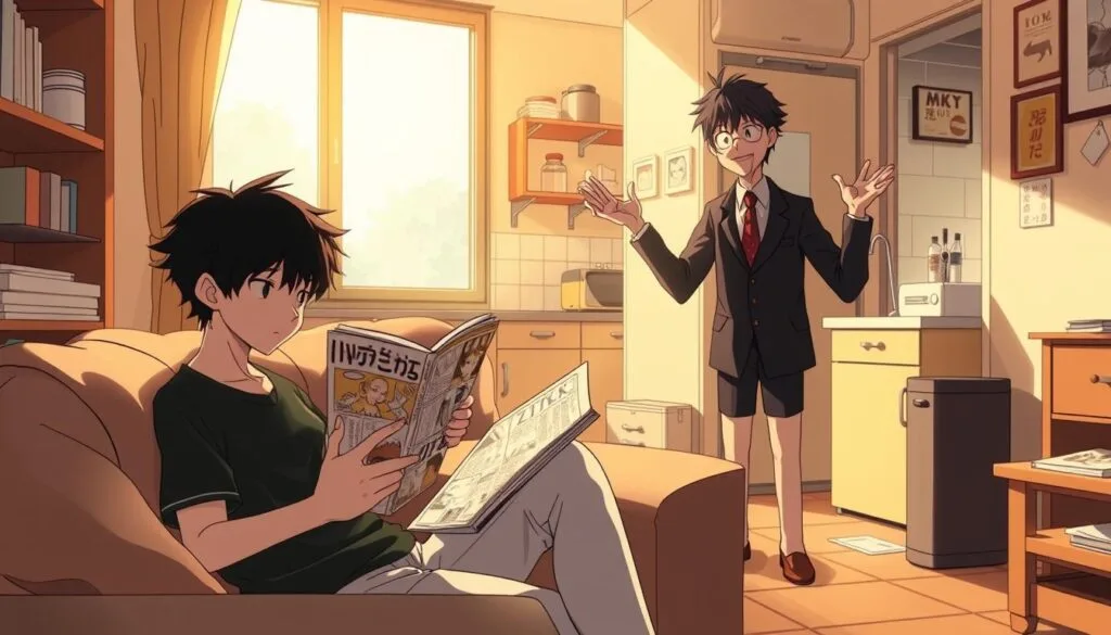A cozy apartment in Tokyo, bathed in warm, natural lighting. In the foreground, Mob, the unassuming psychic protagonist, sits on the sofa, reading a manga intently. The mid-ground features his quirky, energetic friend Reigen, gesturing animatedly as he recounts one of his "spiritual" adventures. In the background, a modest kitchen with simple furnishings, hinting at the everyday, down-to-earth nature of their lives. The composition captures a sense of comfortable familiarity, with a touch of comedic charm that encapsulates the essence of Mob Psycho 100's slice-of-life moments. A cozy apartment in Tokyo, bathed in warm, natural lighting. In the foreground, Mob, the unassuming psychic protagonist, sits on the sofa, reading a manga intently. The mid-ground features his quirky, energetic friend Reigen, gesturing animatedly as he recounts one of his "spiritual" adventures. In the background, a modest kitchen with simple furnishings, hinting at the everyday, down-to-earth nature of their lives. The composition captures a sense of comfortable familiarity, with a touch of comedic charm that encapsulates the essence of Mob Psycho 100's slice-of-life moments.