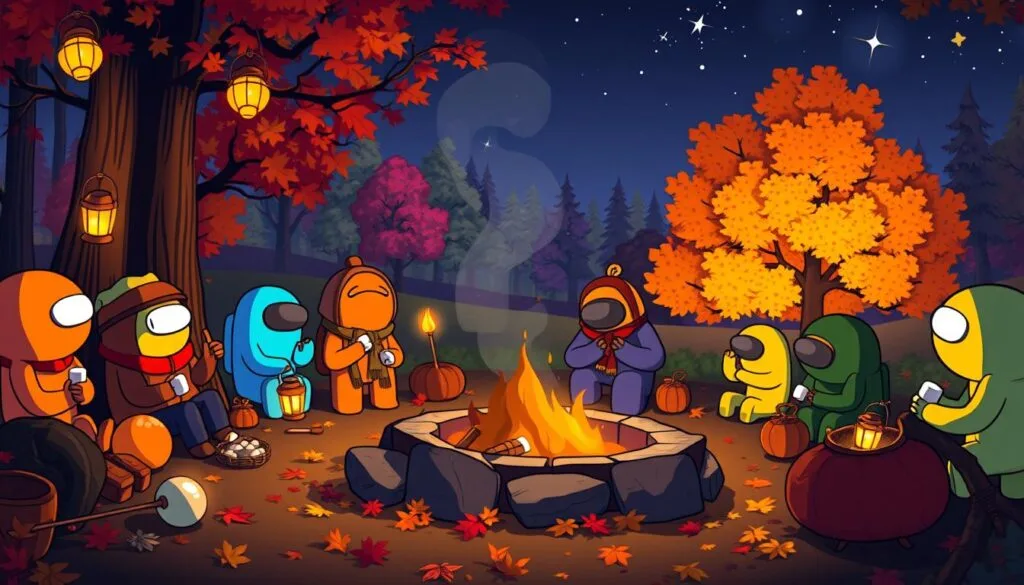 A cozy autumn scene of the Among Us characters gathered around a campfire, celebrating a seasonal harvest festival. The foreground features the familiar crewmates in festive attire, some roasting marshmallows while others play games. A middle ground of colorful fallen leaves and lanterns casts a warm glow. In the background, a vibrant forest landscape with trees in vivid autumnal hues and a starry night sky. Soft, diffused lighting illuminates the celebratory atmosphere, with a sense of community and togetherness. The image conveys a whimsical, charming ambiance perfect for the Among Us seasonal event.
