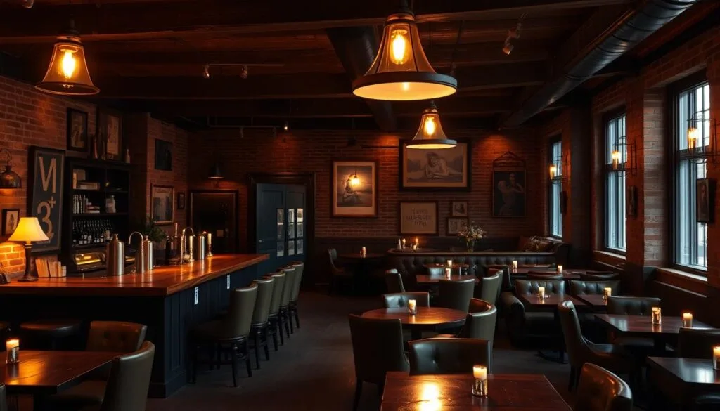 A cozy, dimly lit restaurant interior, with a warm, rustic ambiance. The centerpiece is a large wooden bar, its countertop illuminated by vintage pendant lamps, casting a soft glow over the space. Leather armchairs and wooden tables populate the dining area, creating an intimate, inviting atmosphere. The walls are adorned with vintage-inspired artwork and exposed brick, giving the space a charming, homely feel. Soft lighting from wall sconces and candles flickers, casting shadows and creating a moody, atmospheric lighting. The overall mood is one of relaxation and comfort, perfect for an evening of dining and conversation.