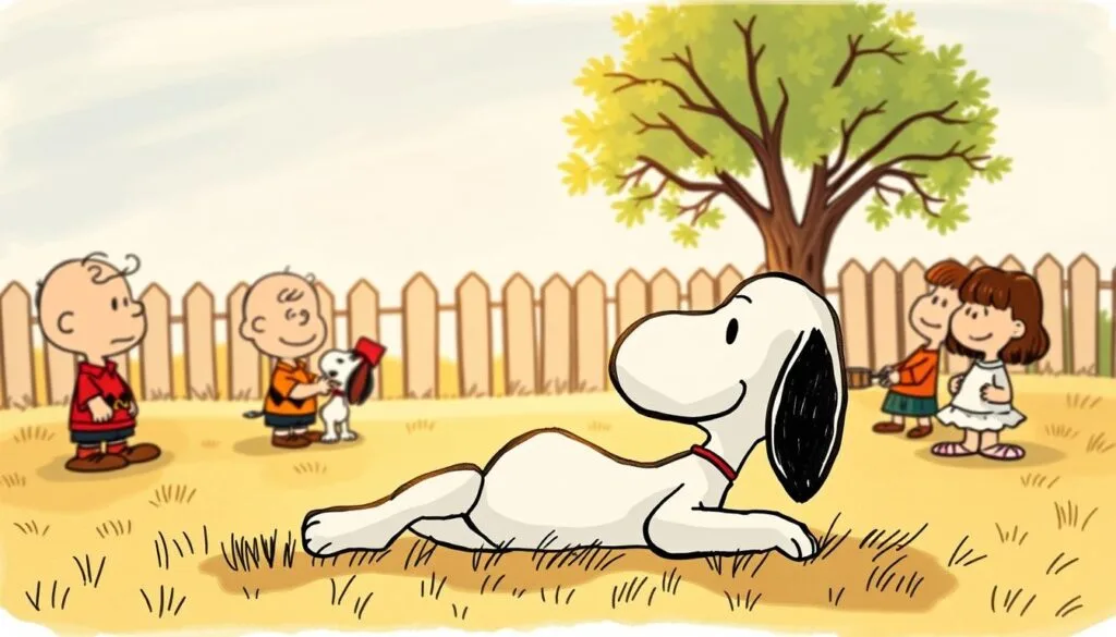 A cozy, hand-drawn scene of Snoopy and his friends from the Peanuts comic strip, captured in a warm, nostalgic light. In the foreground, Snoopy lounges playfully, his iconic beagle silhouette rendered in crisp detail. Surrounding him, Charlie Brown, Linus, Lucy, and the rest of the Peanuts gang interact in their charming, childlike manner, their expressive faces and gestures conveying the whimsical, good-natured spirit of the Peanuts universe. The background is a soft, dreamlike landscape, with a picket fence, a leafy tree, and a clear blue sky overhead, evoking the timeless, suburban setting of the original comics. The scene is bathed in a gentle, golden glow, creating a cozy, inviting atmosphere that captures the essence of Snoopy and his friends.