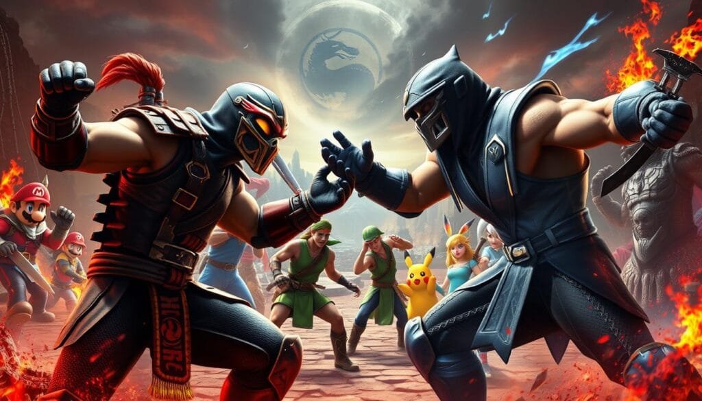 A crossover scene of iconic Mortal Kombat characters colliding with other renowned gaming franchises. Scorpion and Sub-Zero locked in fierce combat, flanked by characters like Mario, Link, Pikachu, and Kratos in the middle ground. Vibrant colors, dramatic lighting, and a sense of epic showdown fill the frame. The background depicts a blended landscape of Mortal Kombat's Outworld and the fantastical realms of the crossover franchises. Cinematic camera angle captures the dynamic clash of these legendary warriors in a visually stunning display.