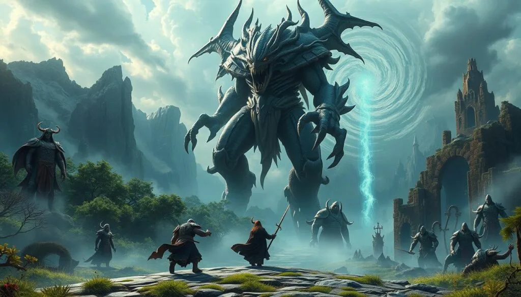 A crossroads in the Lands Between, where the iconic characters and worlds of Elden Ring collide in a stunning display of fantasy fusion. In the foreground, a lone Tarnished battles against a towering, nightmarish amalgamation of beloved bosses, their twisted forms melded together in a surreal and unsettling display of power. The middle ground is a dreamlike landscape, a mosaic of familiar landscapes - the lush forests of Limgrave, the rugged cliffs of Stormveil, and the haunting ruins of Caelid - all seamlessly blended. In the background, a swirling vortex of energy, a gateway to realms beyond, hinting at the boundless possibilities of these crossover encounters. Moody lighting casts dramatic shadows, creating an atmosphere of tension and intrigue, inviting the viewer to imagine the epic clash unfolding before them.