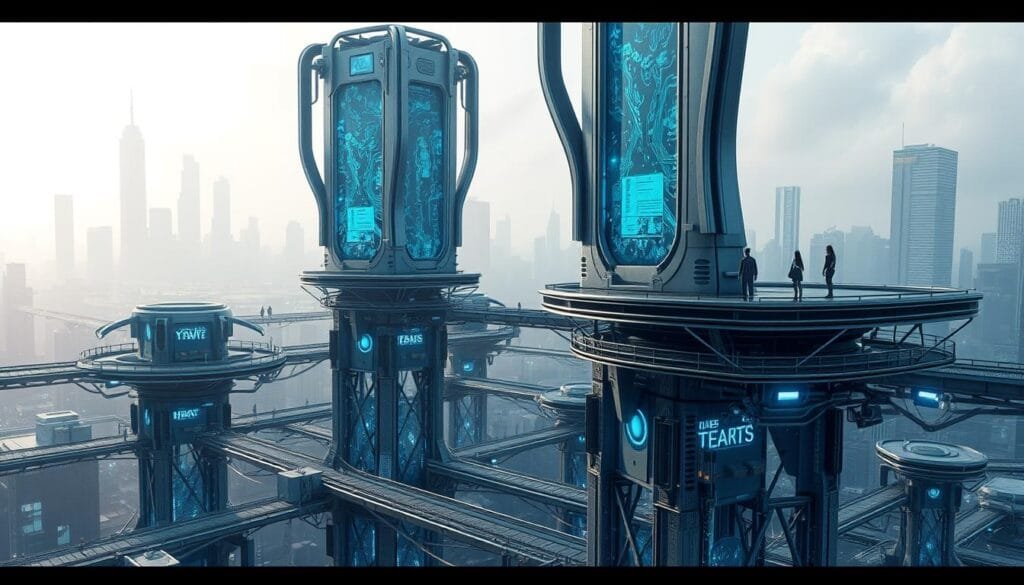 A cybernetically enhanced landscape with towering AI platforms. In the foreground, sleek metallic structures housing advanced neural networks, bathed in cool blue lighting. Mirrored surfaces reflect the intricate circuitry within. In the middle ground, a network of elevated walkways and gantries, where cyborg inhabitants traverse the digital realm. The background fades into a hazy, futuristic cityscape, skyscrapers piercing the clouds, their windows glowing with an ethereal light. An atmosphere of technological wonder and seamless human-machine integration pervades the scene. A cybernetically enhanced landscape with towering AI platforms. In the foreground, sleek metallic structures housing advanced neural networks, bathed in cool blue lighting. Mirrored surfaces reflect the intricate circuitry within. In the middle ground, a network of elevated walkways and gantries, where cyborg inhabitants traverse the digital realm. The background fades into a hazy, futuristic cityscape, skyscrapers piercing the clouds, their windows glowing with an ethereal light. An atmosphere of technological wonder and seamless human-machine integration pervades the scene.