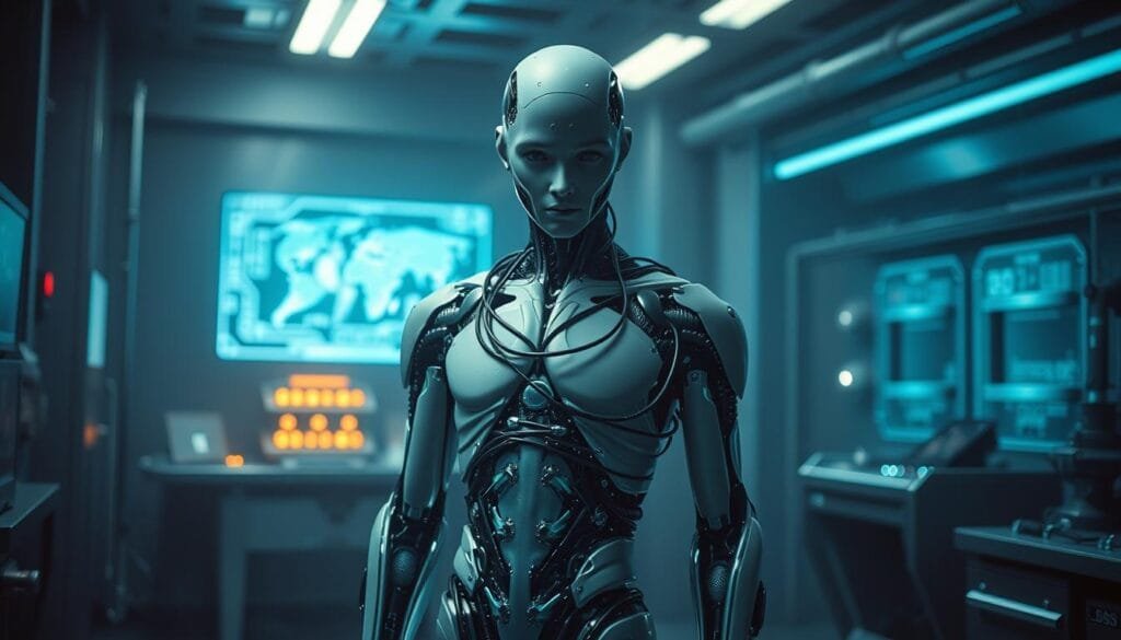 A cyborg figure stands in a dimly lit, futuristic laboratory. The subject's body is a seamless fusion of advanced mechanical components and organic tissues, radiating an otherworldly aura. Intricate circuitry snakes across the figure's limbs, while sleek, metallic surfaces glint under the soft, directional lighting. The cyborg's face is obscured, hinting at a hidden intelligence or mystique. In the background, holographic displays and gleaming instruments suggest the cutting edge of cybernetic research and development. The scene conveys a sense of power, innovation, and the blurring of human and machine. A cyborg figure stands in a dimly lit, futuristic laboratory. The subject's body is a seamless fusion of advanced mechanical components and organic tissues, radiating an otherworldly aura. Intricate circuitry snakes across the figure's limbs, while sleek, metallic surfaces glint under the soft, directional lighting. The cyborg's face is obscured, hinting at a hidden intelligence or mystique. In the background, holographic displays and gleaming instruments suggest the cutting edge of cybernetic research and development. The scene conveys a sense of power, innovation, and the blurring of human and machine.
