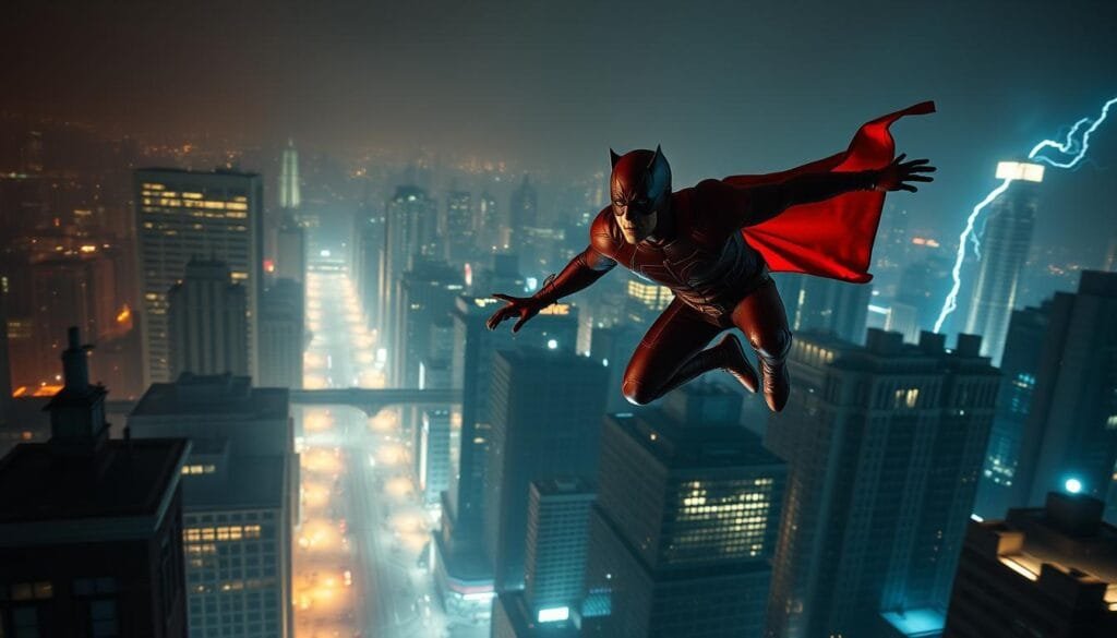 A daring Daredevil leaps gracefully across a neon-lit Gotham City skyline, his crimson costume billowing in the wind. The city below is a maze of towering skyscrapers and shadowy alleyways, illuminated by the warm glow of streetlights and the occasional flash of lightning. Daredevil's heightened senses guide him as he navigates the urban landscape, his sharp reflexes and acrobatic prowess on full display. The scene is dramatic and cinematic, capturing the character's heroic spirit and the intense action of his vigilante exploits. Dramatic chiaroscuro lighting creates a moody, atmospheric feel, with deep shadows and vibrant highlights that emphasize Daredevil's powerful silhouette. The overall tone is one of thrilling adventure and daring heroism.