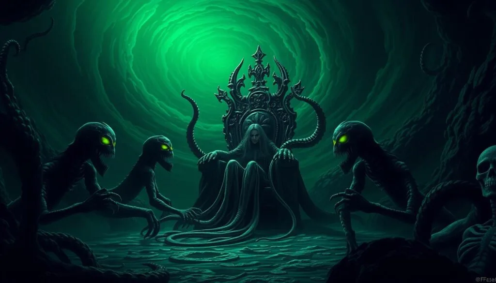 A dark and foreboding underwater lair, illuminated by an eerie green glow. In the foreground, the imposing figure of Úrsula, the sea witch, sits upon a throne-like chair, her tentacles snaking out menacingly. Flanking her are her sinister accomplices - monstrous eels with glowing eyes and twisted, skeletal forms. The background is a swirling vortex of churning waters, hinting at the dark powers that Úrsula and her minions wield. The scene is bathed in a moody, atmospheric lighting, creating a sense of tension and foreboding. The overall mood is one of ominous power and impending doom, perfectly capturing the malevolent essence of Úrsula and her evil henchmen.