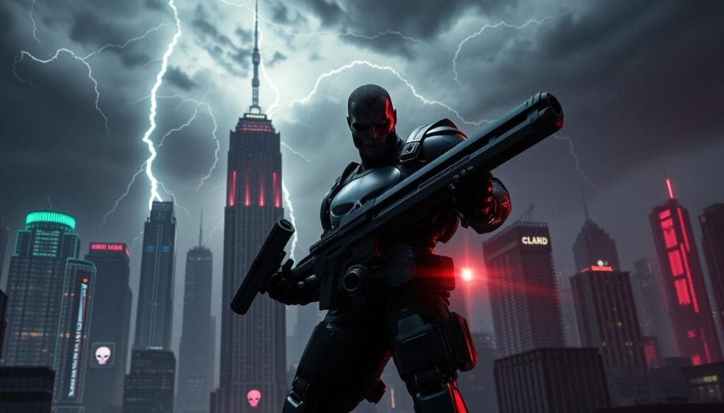 A dark and gritty alternate Punisher universe, set in a cyberpunk-inspired cityscape. In the foreground, a heavily armored, futuristic Punisher figure stands resolute, wielding an advanced energy-based arsenal. Neon-soaked skyscrapers and holograms loom in the middle ground, while an ominous, thunderstorm-wracked sky dominates the background. Dramatic chiaroscuro lighting casts dramatic shadows, heightening the sense of brooding intensity. The overall mood is one of a dystopian, high-tech world where the Punisher is a relentless, cybernetically-enhanced vigilante, delivering justice through technological might.