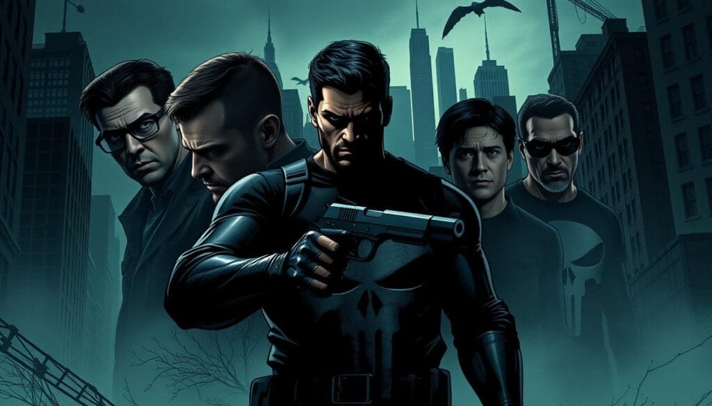 A dark and gritty comic book scene depicting the Punisher in various cinematic adaptations. In the foreground, a brooding Frank Castle stands wielding his signature Colt M1911 pistol, his face obscured by shadows. Behind him, montages of the character's past live-action and animated portrayals are subtly layered, including Thomas Jane, Ray Stevenson, and Jon Bernthal. The middle ground is shrouded in a moody, low-key lighting scheme, creating a sense of mystery and foreboding. In the distant background, a cityscape of towering skyscrapers and gritty alleyways sets the stage for the Punisher's relentless crusade against crime. An overall grim, atmospheric composition that captures the essence of the character's various on-screen depictions.