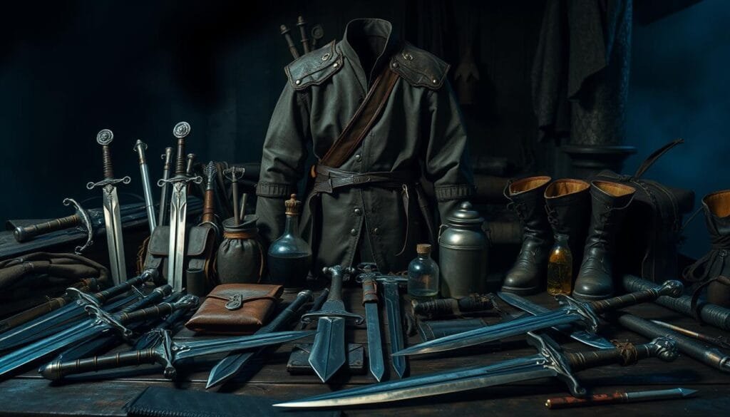 A dark and gritty fantasy scene of the equipment and gear used by Witchers. In the foreground, various medieval-style weapons and tools lie neatly arranged, including silver swords, daggers, pouches, and alchemical flasks. In the middle ground, a worn and weathered leather jerkin, gloves, and boots are displayed, conveying the rugged nature of a Witcher's lifestyle. The background features a shadowy, atmospheric setting with a moody, bluish lighting, suggesting the ominous and mysterious world of the Witcher. The entire scene is captured with a cinematic, high-contrast lens, heightening the dramatic and immersive quality of the image.