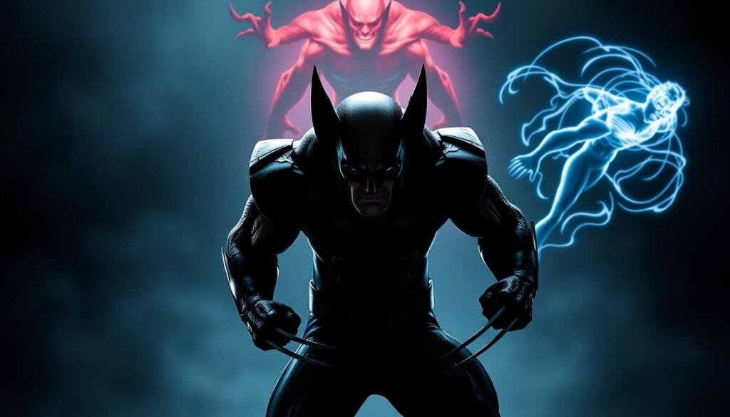 A dark and moody scene featuring multiple versions of the iconic Marvel superhero Wolverine. In the foreground, the familiar gruff-looking Wolverine stands with his adamantium claws extended, his facial features shadowed and intense. In the middle ground, an alternate Wolverine with glowing red eyes and a more feral, animalistic appearance crouches menacingly. In the background, a third Wolverine variant hovers in the air, his body shrouded in a swirling energy field, suggesting enhanced mutant abilities. The lighting is low-key and dramatic, casting dramatic shadows and highlights across the figures. The overall atmosphere is one of power, intensity, and a sense of the extraordinary.