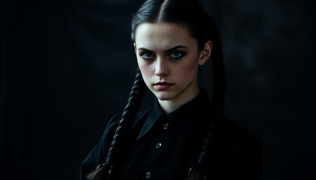 A dark and whimsical portrait of Wednesday Addams, also known as Merlina, dressed in her iconic black attire with a high-collared shirt, thick braids, and a stern expression. The image is set against a moody, atmospheric background, with a slightly tilted camera angle to add a sense of unease. The lighting is dramatic, casting deep shadows across her face and creating a chiaroscuro effect. The depth of field is shallow, keeping the subject in sharp focus while blurring the background. The overall mood is one of gothic elegance and haunting beauty, capturing the essence of this beloved character.
