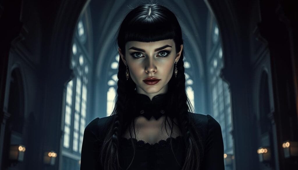 A dark, brooding portrait of Wednesday Addams, the iconic character from the Addams Family. Merlina stands in the foreground, her piercing gaze and gothic attire commanding attention. The background is a moody, shadowy realm, with gothic architecture and ominous lighting casting an eerie, supernatural atmosphere. Merlina's features are sharply defined, her pale skin and raven hair contrasting against the dramatic chiaroscuro lighting. The composition is balanced and cinematic, with Merlina positioned centrally, the subject of this sinister yet alluring image.