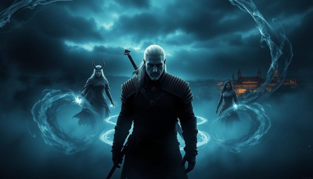 A dark, fantastical world where the boundaries of The Witcher universe blur. In the foreground, Geralt of Rivia stands amidst a swirling vortex of energy, his silver hair and weathered features casting an imposing silhouette. Behind him, alternate versions of Yennefer and Triss emerge from the mist, their magical powers emanating an ethereal glow. In the distant background, the skyline of Novigrad is shrouded in an ominous, stormy atmosphere, hinting at the divergent paths the narrative could have taken. The scene is lit by a moody, chiaroscuro lighting, creating a sense of mystery and tension. Cinematic camera angles and a gritty, textured aesthetic enhance the visuals, transporting the viewer to these captivating alternate realities of The Witcher.