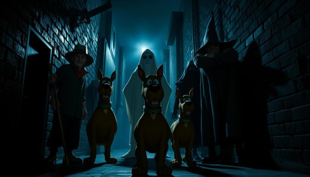 A dark, foreboding alley at night, with shadowy figures lurking in the background. In the foreground, the iconic Scooby-Doo villains stand tall and menacing, their sinister expressions illuminated by a soft, eerie glow. The Miner, the Ghost, the Witch, and the Masked Figure loom over the scene, their costumes and features meticulously detailed. The atmosphere is tense and unsettling, creating a sense of dread and anticipation. The lighting is dramatic, with deep shadows and dramatic highlights, adding to the ominous mood. The camera angle is slightly low, giving the viewer a sense of being overwhelmed by the villains' imposing presence.