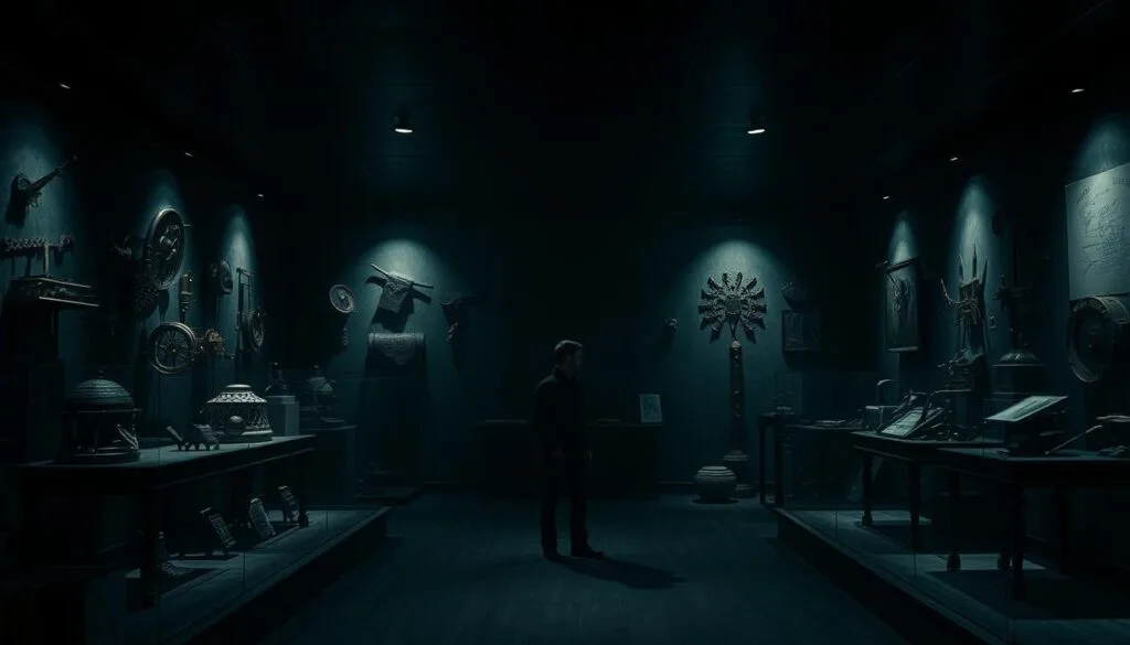 A dark, foreboding museum interior bathed in a somber, eerie lighting. Mysterious, unsettling artifacts cast ominous shadows on the walls - ancient relics, strange devices, and sinister curios from an unknown past. The air is thick with a sense of unease, as if the exhibits hold secrets better left undisturbed. In the center, a lone figure stands contemplating the disturbing display, their face partially obscured in shadow. The scene conveys a palpable tension, hinting at the unsettling narratives and cautionary tales that lurk within the Black Museum.