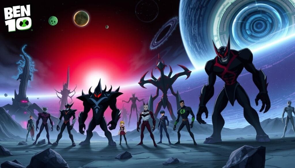 A dark, foreboding scene depicting the powerful villains of the Ben 10 universe. In the foreground, the iconic alien antagonists stand tall and menacing, their unique features and abilities on full display. Xlr8, Ghostfreak, Vilgax, and other iconic foes loom over the landscape, radiating an aura of malevolence. The middle ground showcases the diverse alien environments of the Ben 10 world, with towering structures, ominous skies, and swirling energy fields. In the background, the vast, cosmic expanse of the Ben 10 multiverse stretches out, hinting at the scale and scope of the franchise's narrative. The lighting is dramatic, with harsh shadows and dramatic highlights that accentuate the villains' imposing presence. The overall tone is one of tension, danger, and the constant struggle between good and evil that defines the Ben 10 universe.
