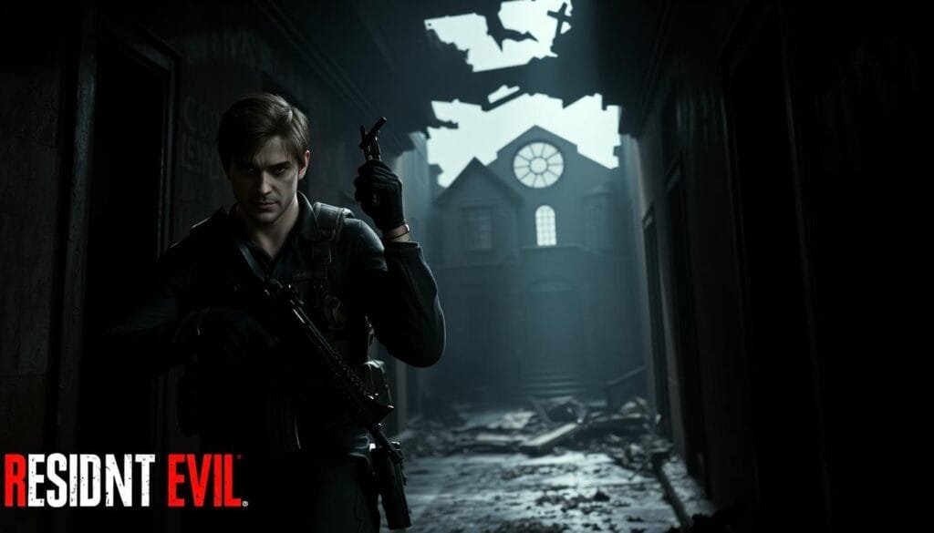 A dark, gritty Resident Evil action scene. In the foreground, a S.T.A.R.S. agent in tactical gear, assault rifle raised, cautiously navigating a dimly lit, dilapidated hallway. Sinister shadows loom in the middle ground, hinting at the lurking zombie threats. The background reveals the crumbling ruins of a once-grand mansion, ominous and foreboding. Dramatic chiaroscuro lighting casts dramatic shadows, heightening the tense, horror-tinged atmosphere. A wide-angle lens captures the claustrophobic, high-stakes intensity of the moment. The agent's determined expression conveys the weight of the situation as they confront the horrors of the Raccoon City outbreak. A dark, gritty Resident Evil action scene. In the foreground, a S.T.A.R.S. agent in tactical gear, assault rifle raised, cautiously navigating a dimly lit, dilapidated hallway. Sinister shadows loom in the middle ground, hinting at the lurking zombie threats. The background reveals the crumbling ruins of a once-grand mansion, ominous and foreboding. Dramatic chiaroscuro lighting casts dramatic shadows, heightening the tense, horror-tinged atmosphere. A wide-angle lens captures the claustrophobic, high-stakes intensity of the moment. The agent's determined expression conveys the weight of the situation as they confront the horrors of the Raccoon City outbreak.