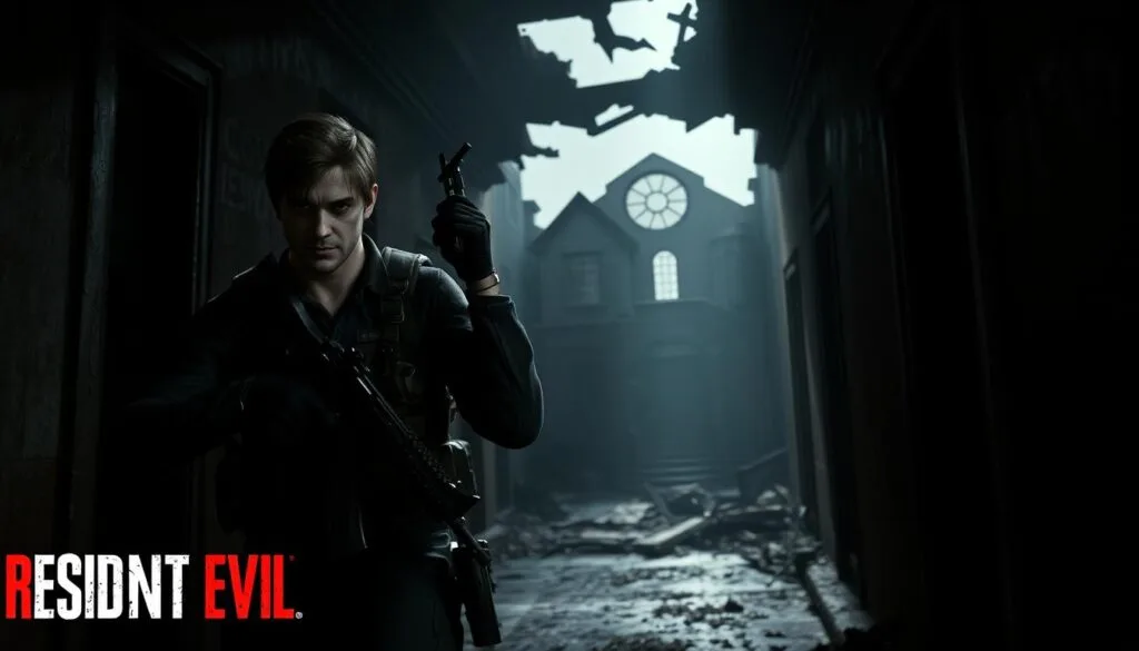 A dark, gritty Resident Evil action scene. In the foreground, a S.T.A.R.S. agent in tactical gear, assault rifle raised, cautiously navigating a dimly lit, dilapidated hallway. Sinister shadows loom in the middle ground, hinting at the lurking zombie threats. The background reveals the crumbling ruins of a once-grand mansion, ominous and foreboding. Dramatic chiaroscuro lighting casts dramatic shadows, heightening the tense, horror-tinged atmosphere. A wide-angle lens captures the claustrophobic, high-stakes intensity of the moment. The agent's determined expression conveys the weight of the situation as they confront the horrors of the Raccoon City outbreak.