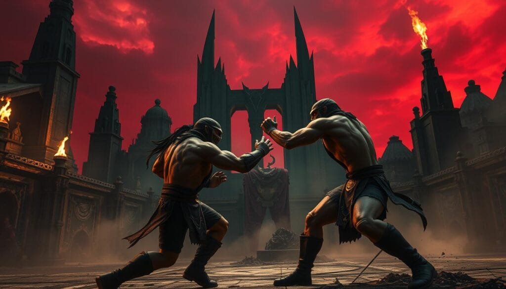 A dark, gritty arena with ominous crimson skies, shrouded in an eerie mist. Rugged, weathered architecture with a mix of ancient and industrial elements. Towering, jagged structures loom in the background, casting long shadows. Flickering torchlight illuminates the foreground, where two muscular, battle-hardened warriors clash in a fierce, no-holds-barred fight to the death. Their movements are fluid, graceful, and brutal, captured in a dramatic, high-contrast, cinematic lighting. The scene exudes a powerful, visceral atmosphere of violence, intensity, and the high stakes of the legendary Mortal Kombat tournament.