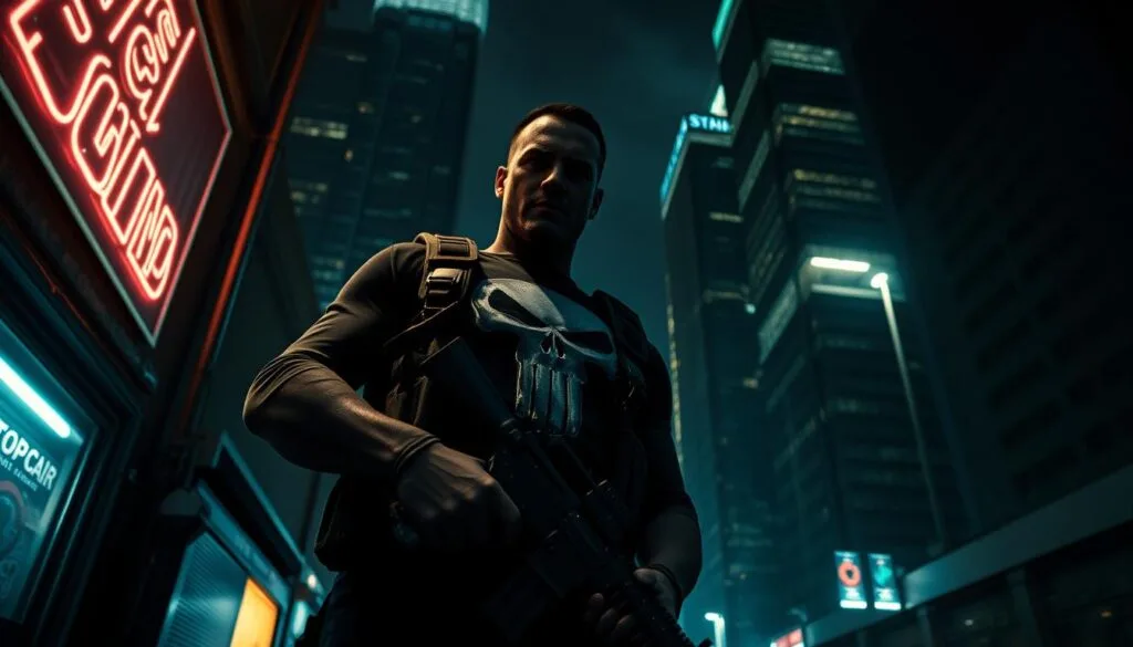 A dark, gritty cityscape at night, illuminated by the flickering neon lights of a back alley. In the foreground, a figure clad in a tactical vest and skull-emblazoned shirt stands resolute, their face shrouded in shadow, a rifle gripped tightly in their hands. Towering skyscrapers loom in the background, casting ominous shadows that shroud the scene in an atmosphere of vigilante justice. The lighting is dramatic, with high contrast and deep, inky blacks, creating a moody, intense atmosphere. The camera angle is low and imposing, emphasizing the Punisher's powerful presence and determination to bring retribution to the criminal underworld.
