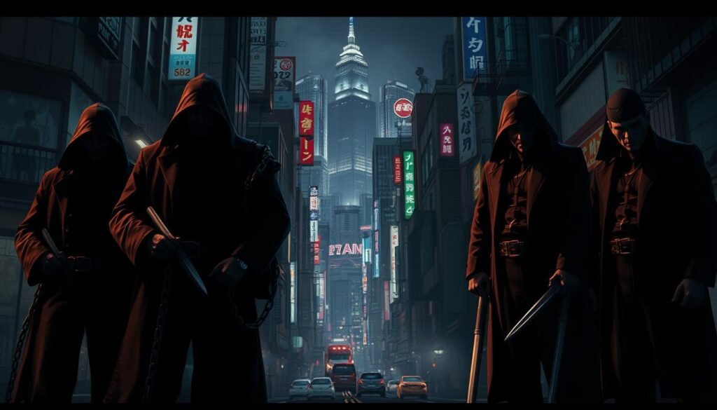 A dark, gritty cityscape of Tokyo at night, the streets cast in deep shadows. In the foreground, a group of imposing figures stands tall, clad in intimidating outfits and wielding various weapons - chains, pipes, knives. Their faces are shrouded in mystery, their expressions sinister and menacing. In the middle ground, the city looms, neon lights casting an eerie glow across the scene. Towering skyscrapers and narrow alleyways create a sense of claustrophobia and danger. The atmosphere is tense, foreboding, and cinematic, capturing the essence of the villains from the Tokyo Revengers series in all their formidable glory.