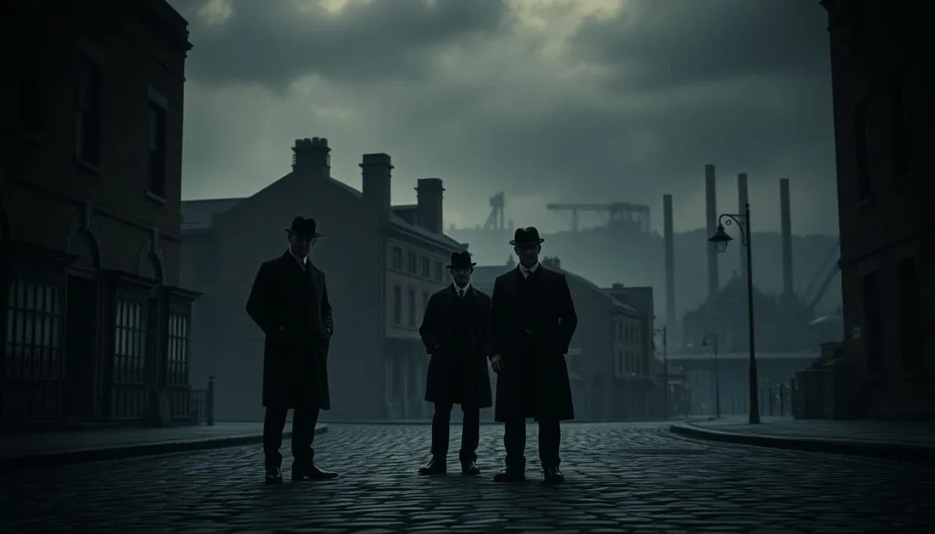A dark, gritty cityscape of Victorian-era Birmingham, with the iconic Peaky Blinders gang members gathered on a cobblestone street. In the foreground, three men in flat caps and tailored suits stand tall, their faces obscured in dramatic shadows. In the middle ground, a row of red-brick buildings with gas lamps and wrought-iron details set the moody, atmospheric scene. The background is a hazy, industrial landscape, with the silhouettes of factories and chimneys against a cloudy sky. The overall lighting is low-key, emphasizing the chiaroscuro effect and the sense of mystery and tension inherent in the Peaky Blinders' world. The image conveys the gritty, stylized aesthetic of the TV series, capturing the essence of the "AI Platforms for Peaky Blinders Images" section.