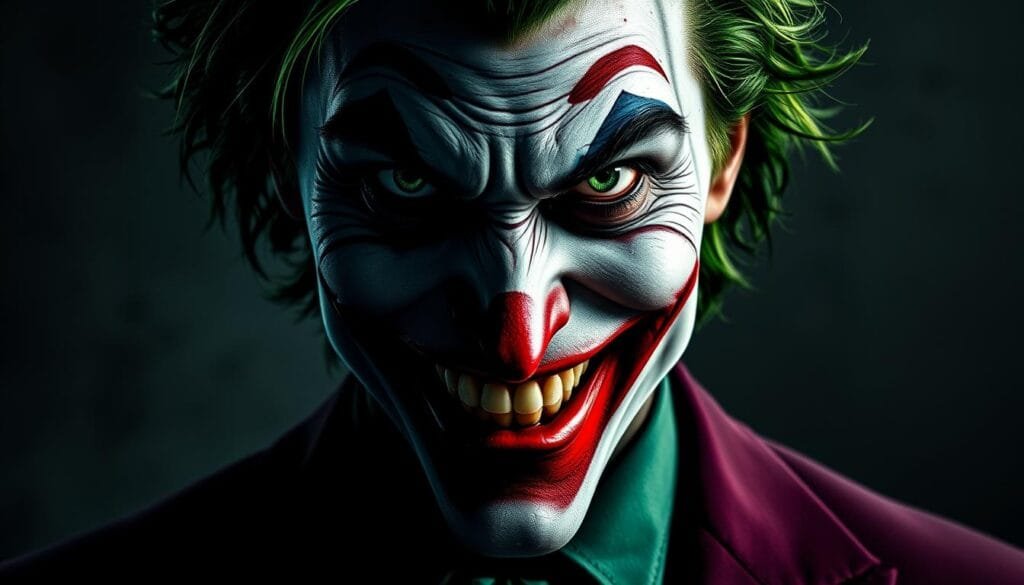 A dark, gritty, close-up portrait of the Joker, the iconic villain from the Batman universe. Capture his chilling, maniacal expression, with his piercing green eyes, bright red lips twisted in a sinister grin, and green hair styled in his signature disheveled look. The lighting should be dramatic, casting strong shadows on his face to accentuate the intensity of his features. Set against a moody, textured background that evokes the grim, crime-ridden atmosphere of Gotham City. The image should convey a sense of unease, danger, and the Joker's unhinged, unpredictable nature, making it a striking visual representation of the prompt "Prompts para Crear Imágenes de Joker con IA".