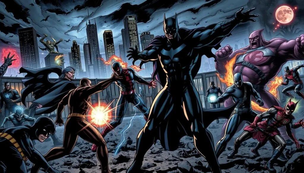 A dark, gritty comic book landscape with characters from The Boys universe crossing over into other well-known superhero franchises. In the foreground, Homelander, Starlight, and The Deep clash with iconic heroes and villains, their powers and costumes blending together in a chaotic, stylized battle. The middle ground features a shadowy city backdrop, neon-lit skyscrapers, and ominous clouds. In the background, glimpses of other crossover characters and settings, hinting at a vast and interconnected narrative. The lighting is harsh, dramatic, and contrasted, capturing the tone of The Boys while seamlessly integrating the other universes. The overall atmosphere is one of tension, moral ambiguity, and the blurring of heroic and villainous lines.