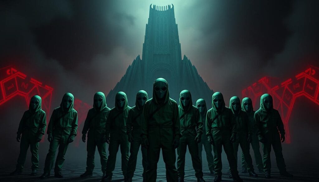A dark, gritty scene depicting examples of prompts for the popular Netflix series Squid Game. In the foreground, a group of players in their iconic green jumpsuits stand in a tense, confrontational pose, their faces obscured by the distinctive geometric masks. Behind them, a towering, ominous structure - the infamous game arena - rises up, casting a foreboding shadow. The background is shrouded in a hazy, dreamlike atmosphere, with the distinctive red-and-white geometric patterns of the show's design elements woven throughout. The lighting is dramatic, with harsh shadows and highlights accentuating the tension and danger of the scene. The overall mood is one of unease and unrelenting suspense, reflecting the high-stakes, life-or-death nature of the Squid Game challenges.