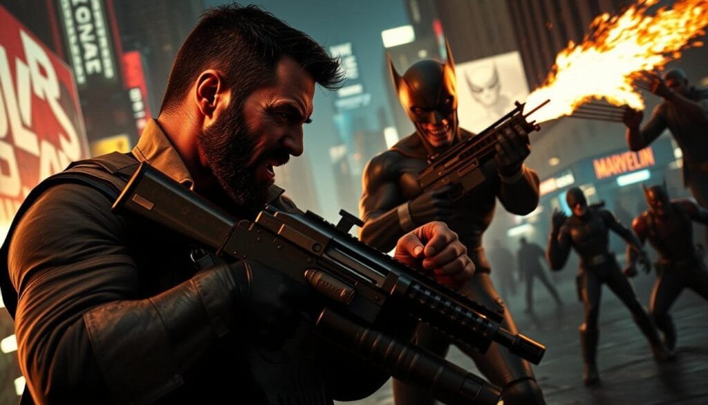 A dark, gritty scene of the Punisher engaged in legendary crossovers with iconic Marvel characters. In the foreground, Frank Castle, his uniform tattered and grimacing, wielding an array of firearms as he confronts a formidable foe - perhaps Wolverine, Daredevil, or Ghost Rider. In the middle ground, the urban cityscape sets the stage, with ominous shadows and neon-tinged lighting creating an intense, high-contrast atmosphere. In the background, glimpses of other legendary Marvel heroes and villains locked in epic battles, the fate of the city hanging in the balance. Cinematic angles and a moody, dramatic color palette evoke the signature Punisher aesthetic, blending intense action with a sense of brooding intensity.