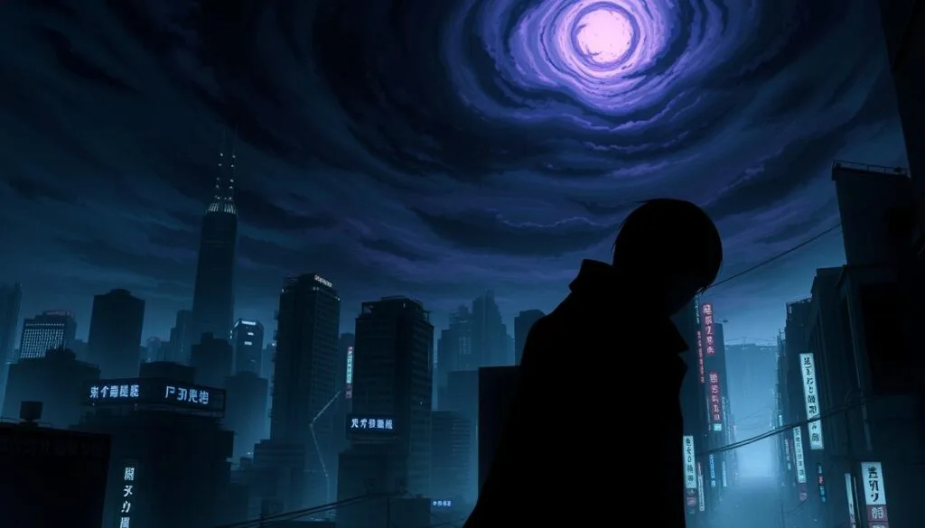 A dark, moody cityscape of Tokyo, shrouded in a sinister atmosphere. In the foreground, towering skyscrapers and neon-lit alleyways, hinting at the hidden world of the Ghouls. Shadowy figures lurk in the background, their faces obscured, radiating a sense of unease. The sky above is a swirling, ominous mix of deep blues and purples, casting an eerie glow over the entire scene. The lighting is dramatic, with sharp contrasts and dramatic shadows, creating a sense of tension and danger. The overall composition evokes the visual style of the Tokyo Ghoul anime, blending the urban landscape with the supernatural elements of the Ghoul's world.