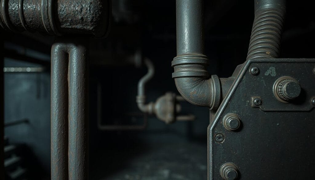 A dark, moody close-up view of a weathered, rusted metal structure, reminiscent of the iconic Resident Evil game universe. The frame fills with the intricate details of twisted pipes, corroded rivets, and distressed steel plates, casting deep shadows and highlights that convey a sense of industrial decay. The background is blurred, hinting at a dimly lit, claustrophobic industrial environment. The overall composition suggests the basic framework or "estructura básica" of a Resident Evil-style setting, evoking a sense of unease and the impending threat of the game's iconic horror.