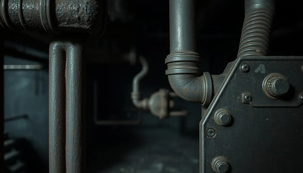 A dark, moody close-up view of a weathered, rusted metal structure, reminiscent of the iconic Resident Evil game universe. The frame fills with the intricate details of twisted pipes, corroded rivets, and distressed steel plates, casting deep shadows and highlights that convey a sense of industrial decay. The background is blurred, hinting at a dimly lit, claustrophobic industrial environment. The overall composition suggests the basic framework or "estructura básica" of a Resident Evil-style setting, evoking a sense of unease and the impending threat of the game's iconic horror.