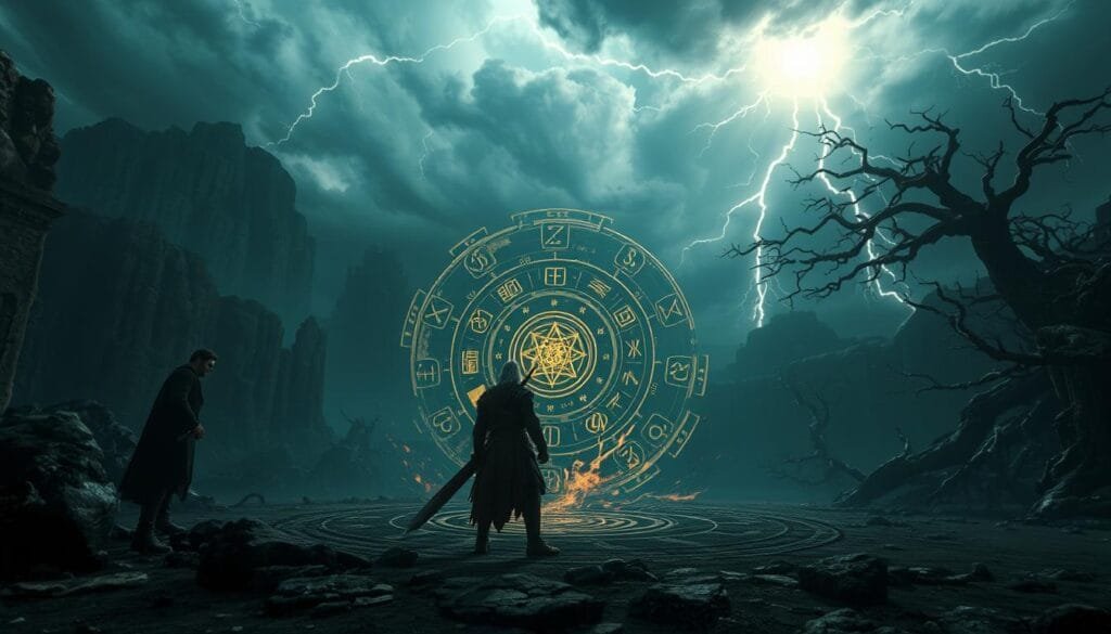 A dark, moody fantasy scene depicting advanced prompt engineering techniques for generating images of The Witcher universe. In the foreground, a witcher stands before a swirling vortex of arcane symbols and glowing runes, wielding a silver sword and casting a spell. In the middle ground, a shadowy figure watches from the side, observing the witcher's intricate process. The background is a sprawling, gothic landscape of rocky cliffs, twisted trees, and a stormy, dramatic sky illuminated by flashes of lightning. The lighting is dramatic, with deep shadows and highlights that accentuate the mystical, foreboding atmosphere. The camera angle is low, giving a sense of scale and power to the scene.