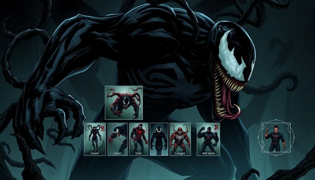 A dark, moody illustration showcasing the various incarnations and symbiotic hosts of the Venom character. The foreground features a large, imposing figure of Venom itself, its black and white tendrils writhing menacingly. In the middle ground, smaller vignettes depict other Venom-related characters such as Carnage, Toxin, and Anti-Venom, each with their own distinct visual styles and color palettes. The background is shrouded in shadows, hinting at the vast and interconnected Venom mythos. The overall atmosphere is one of power, darkness, and the blurred lines between hero and villain. Dramatic lighting casts deep shadows, emphasizing the ominous and complex nature of the Venom universe.