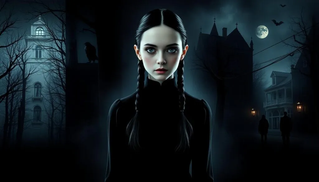 A dark, moody portrait of Wednesday Addams, known as "Merlina", in different atmospheric scenes. In the foreground, Merlina stands solemnly, her pale skin and dark eyes contrasting with her black dress. The middle ground features various settings, such as a gloomy forest, a gothic mansion, or a rainy city street, all rendered in a muted, melancholic color palette. The background subtly hints at the character's macabre interests, with elements like bats, skulls, or ominous shadows. Dramatic low-key lighting casts dramatic shadows, enhancing the brooding, melancholic atmosphere. The entire composition conveys a sense of mystery, isolation, and the character's quiet, contemplative nature.