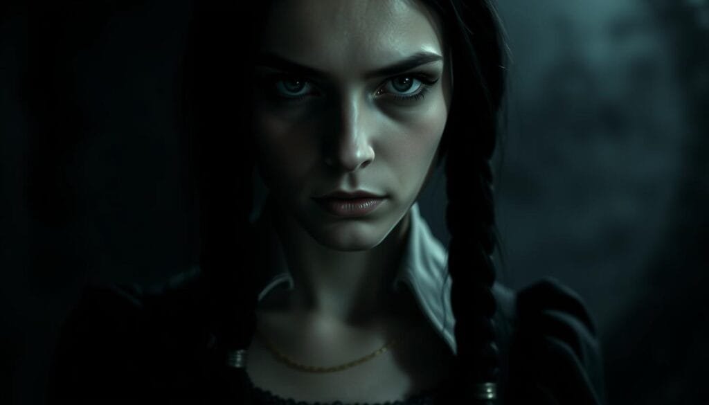 A dark, moody portrait of Wednesday Addams, the iconic character from the Addams Family, captured with an eerie, cinematic aesthetic. The foreground features a close-up of Wednesday's stoic, pale face, her expression deadpan and her gaze piercing. Dramatic chiaroscuro lighting casts deep shadows, creating a haunting, dramatic atmosphere. The middle ground showcases Wednesday's signature black dress, the fabric's texture and flow captured in meticulous detail. The background is a hazy, nebulous void, lending a sense of mystery and isolation. The overall tone is one of melancholy, introspection, and the unsettling nature of the character. Rendered with a high level of photorealism and artistic flair, this image perfectly encapsulates the essence of Wednesday Merlina.