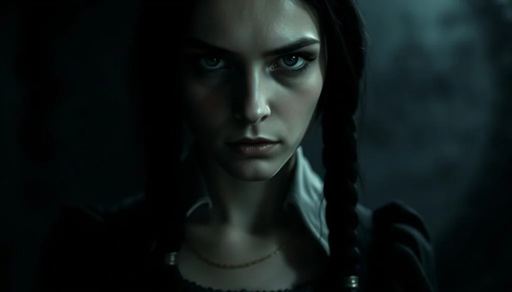 A dark, moody portrait of Wednesday Addams, the iconic character from the Addams Family, captured with an eerie, cinematic aesthetic. The foreground features a close-up of Wednesday's stoic, pale face, her expression deadpan and her gaze piercing. Dramatic chiaroscuro lighting casts deep shadows, creating a haunting, dramatic atmosphere. The middle ground showcases Wednesday's signature black dress, the fabric's texture and flow captured in meticulous detail. The background is a hazy, nebulous void, lending a sense of mystery and isolation. The overall tone is one of melancholy, introspection, and the unsettling nature of the character. Rendered with a high level of photorealism and artistic flair, this image perfectly encapsulates the essence of Wednesday Merlina.