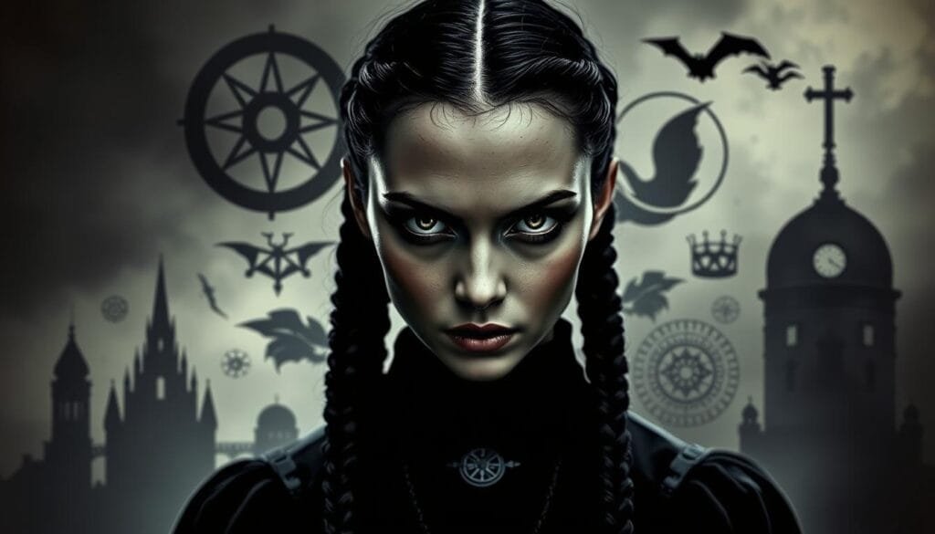 A dark, moody portrait of the iconic Wednesday Addams character, Merlina, set against a backdrop of cultural symbols. In the foreground, Merlina's striking features are rendered in dramatic chiaroscuro lighting, her piercing gaze and signature braids commanding attention. The middle ground features subtle nods to her cultural impact, such as abstract interpretations of gothic architecture, occult imagery, and a sense of macabre whimsy. The background is a hazy, dreamlike landscape evocative of the character's otherworldly presence and influence. The overall composition conveys a sense of both reverence and unease, capturing the essence of Wednesday Merlina's enduring cultural legacy.