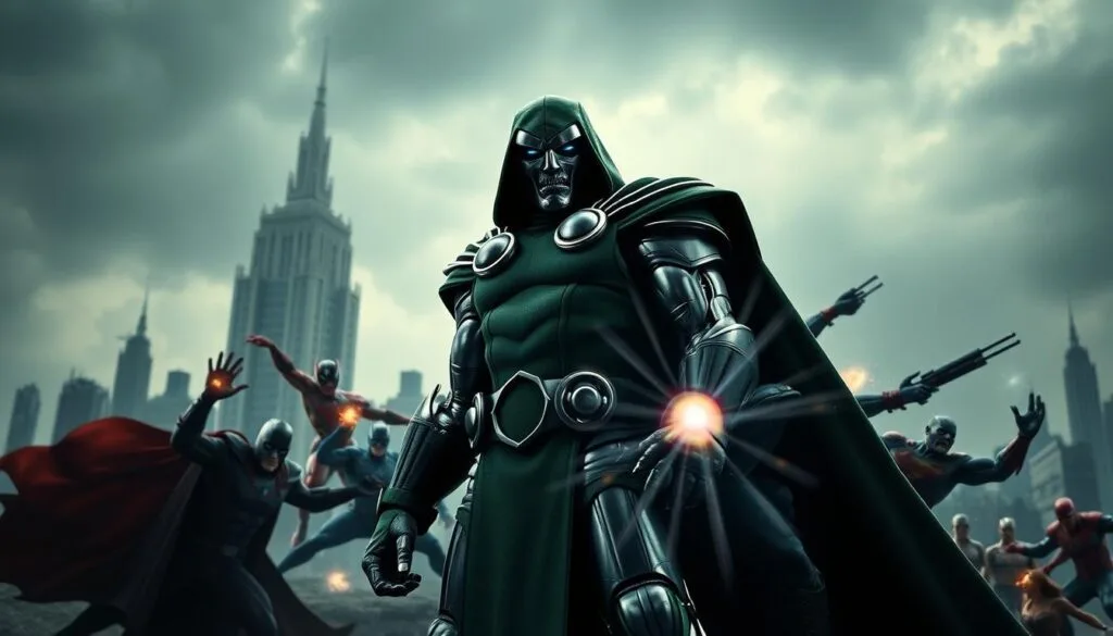A dark, moody scene of Doctor Doom engaged in an epic crossover battle. In the foreground, Doom stands tall, his iconic green and metal armor gleaming under dramatic chiaroscuro lighting. His cape billows dramatically behind him, conveying a sense of power and presence. In the middle ground, Doom clashes with various iconic Marvel and DC superheroes, their costumes and abilities blending together in a visually striking display of conflict. The background features a dystopian cityscape, hazy and ominous, with imposing architecture and ominous clouds overhead, suggesting the high stakes of this crossover encounter. The overall mood is one of intensity, danger, and the immense capabilities of the mighty Doctor Doom. A dark, moody scene of Doctor Doom engaged in an epic crossover battle. In the foreground, Doom stands tall, his iconic green and metal armor gleaming under dramatic chiaroscuro lighting. His cape billows dramatically behind him, conveying a sense of power and presence. In the middle ground, Doom clashes with various iconic Marvel and DC superheroes, their costumes and abilities blending together in a visually striking display of conflict. The background features a dystopian cityscape, hazy and ominous, with imposing architecture and ominous clouds overhead, suggesting the high stakes of this crossover encounter. The overall mood is one of intensity, danger, and the immense capabilities of the mighty Doctor Doom.